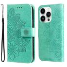 For iPhone 15 Pro Max 7-petal Flowers Embossing Leather Phone Case(Green) - 1