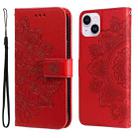 For iPhone 15 Seven-petal Flowers Embossing Leather Phone Case(Red) - 1