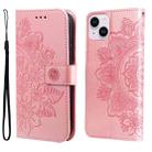For iPhone 15 Plus 7-petal Flowers Embossing Leather Phone Case(Rose Gold) - 1