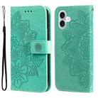 For iPhone 16 Plus Seven-petal Flowers Embossing Leather Phone Case(Green) - 1