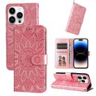 For iPhone 15 Pro Max Embossed Sunflower Leather Phone Case(Pink) - 1