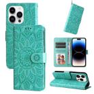 For iPhone 15 Pro Max Embossed Sunflower Leather Phone Case(Green) - 1