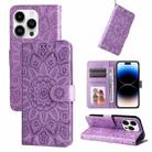 For iPhone 15 Pro Max Embossed Sunflower Leather Phone Case(Purple) - 1