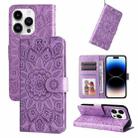 For iPhone 15 Pro Embossed Sunflower Leather Phone Case(Purple) - 1