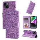 For iPhone 15 Embossed Sunflower Leather Phone Case(Purple) - 1