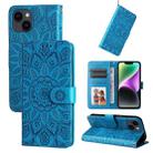 For iPhone 15 Plus Embossed Sunflower Leather Phone Case(Blue) - 1