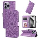 For iPhone 16 Pro Max Embossed Sunflower Leather Phone Case(Purple) - 1