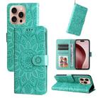 For iPhone 16 Pro Embossed Sunflower Leather Phone Case(Green) - 1