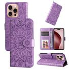 For iPhone 16 Pro Embossed Sunflower Leather Phone Case(Purple) - 1