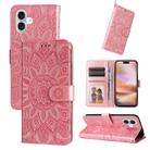 For iPhone 16 Plus Embossed Sunflower Leather Phone Case(Pink) - 1