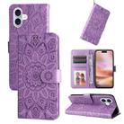 For iPhone 16 Plus Embossed Sunflower Leather Phone Case(Purple) - 1