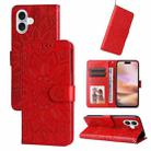 For iPhone 16 Plus Embossed Sunflower Leather Phone Case(Red) - 1