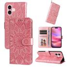 For iPhone 16 Embossed Sunflower Leather Phone Case(Pink) - 1