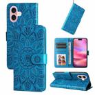 For iPhone 16 Embossed Sunflower Leather Phone Case(Blue) - 1