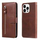 For iPhone 15 Pro Max Fashion Calf Texture Zipper Leather Phone Case(Brown) - 1