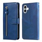 For iPhone 16 Plus Fashion Calf Texture Zipper Leather Phone Case(Blue) - 1