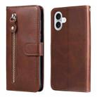 For iPhone 16 Plus Fashion Calf Texture Zipper Leather Phone Case(Brown) - 1