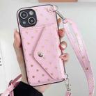 For iPhone 14 Plus Star Pattern Phone Case With Card Bag and Lanyard(Pink) - 1