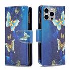 For iPhone 15 Pro Max Colored Drawing Pattern Zipper Phone Leather Case(Gold Butterfly) - 1