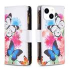 For iPhone 15 Colored Drawing Pattern Zipper Phone Leather Case(Two Butterflies) - 1