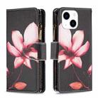 For iPhone 15 Colored Drawing Pattern Zipper Phone Leather Case(Lotus) - 1