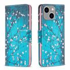 For iPhone 15 Plus Colored Drawing Pattern Leather Phone Case(Plum Blossom) - 1