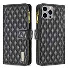 For iPhone 15 Pro Max Diamond Lattice Zipper Wallet Leather Flip Phone Case(Black) - 1