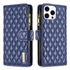 For iPhone 15 Pro Diamond Lattice Zipper Wallet Leather Flip Phone Case(Blue) - 1