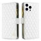 For iPhone 15 Pro Diamond Lattice Zipper Wallet Leather Flip Phone Case(White) - 1