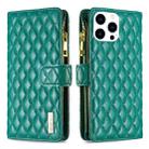 For iPhone 15 Pro Diamond Lattice Zipper Wallet Leather Flip Phone Case(Green) - 1