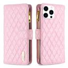 For iPhone 15 Pro Diamond Lattice Zipper Wallet Leather Flip Phone Case(Pink) - 1