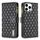 For iPhone 15 Pro Diamond Lattice Zipper Wallet Leather Flip Phone Case(Black) - 1