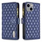 For iPhone 15 Plus Diamond Lattice Zipper Wallet Leather Flip Phone Case(Blue) - 1