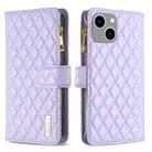 For iPhone 15 Plus Diamond Lattice Zipper Wallet Leather Flip Phone Case(Purple) - 1
