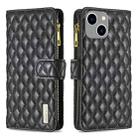 For iPhone 15 Plus Diamond Lattice Zipper Wallet Leather Flip Phone Case(Black) - 1