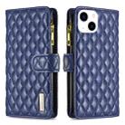 For iPhone 15 Diamond Lattice Zipper Wallet Leather Flip Phone Case(Blue) - 1