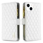 For iPhone 15 Diamond Lattice Zipper Wallet Leather Flip Phone Case(White) - 1