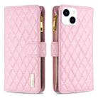 For iPhone 15 Diamond Lattice Zipper Wallet Leather Flip Phone Case(Pink) - 1