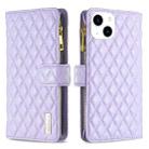 For iPhone 15 Diamond Lattice Zipper Wallet Leather Flip Phone Case(Purple) - 1