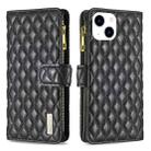 For iPhone 15 Diamond Lattice Zipper Wallet Leather Flip Phone Case(Black) - 1