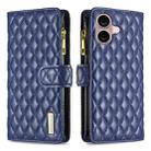 For iPhone 16 Diamond Lattice Zipper Wallet Leather Flip Phone Case(Blue) - 1