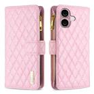 For iPhone 16 Diamond Lattice Zipper Wallet Leather Flip Phone Case(Pink) - 1