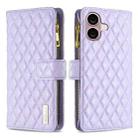 For iPhone 16 Diamond Lattice Zipper Wallet Leather Flip Phone Case(Purple) - 1