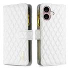 For iPhone 16 Plus Diamond Lattice Zipper Wallet Leather Flip Phone Case(White) - 1