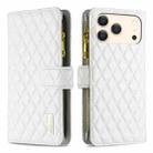 For iPhone 17 Pro Diamond Lattice Zipper Wallet Leather Flip Phone Case(White) - 1
