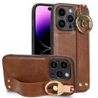 For iPhone 14 Pro Wristband Leather Back Phone Case(Brown) - 1