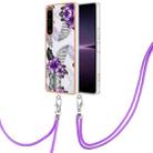 For Sony Xperia 1 IV Electroplating IMD TPU Phone Case with Lanyard(Purple Flower) - 1