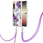 For Sony Xperia 5 IV Electroplating IMD TPU Phone Case with Lanyard(Purple Flower) - 1