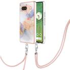 For Google Pixel 7a Electroplating IMD TPU Phone Case with Lanyard(White Marble) - 1