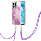 For Honor X8a Electroplating Marble Dual-side IMD Phone Case with Lanyard(Purple 001) - 1